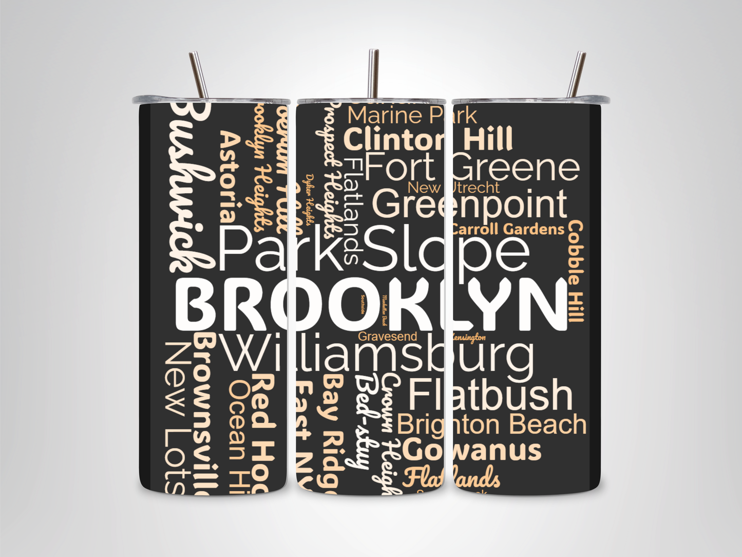 Brooklyn Neighborhoods 20 oz. Tumbler – Black Background with Text Design