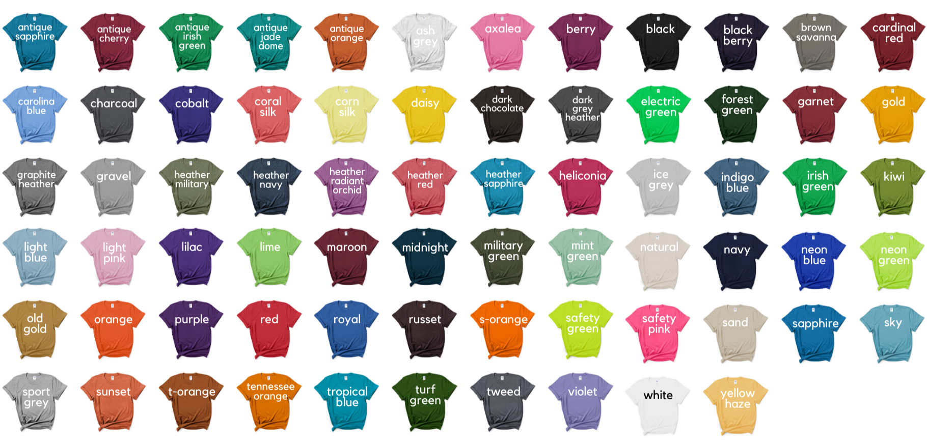 Color chart for Gildan t-shirts with various colors.