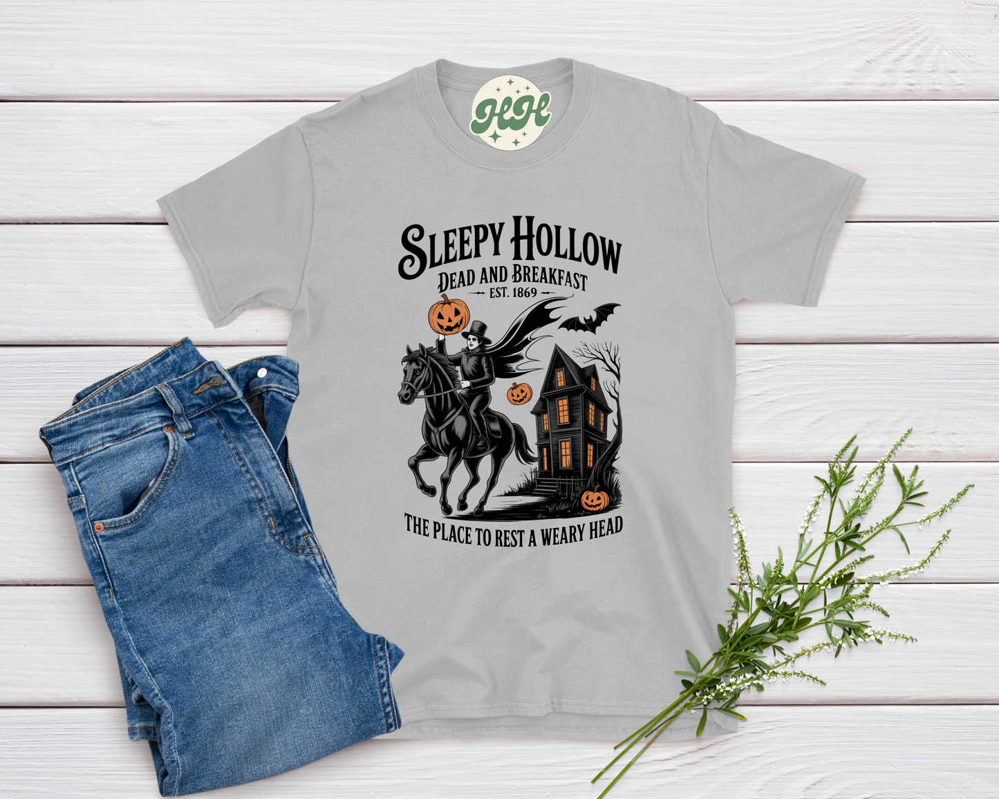 Gray Sleepy Hollow Bed and Breakfast Halloween shirt with Headless Horseman, haunted house, pumpkins, and bats