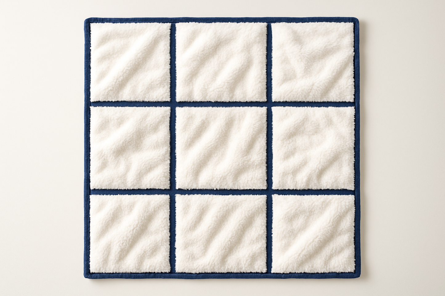 plush 9 panel white blanket with navy border around each grid