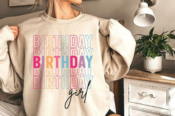 Birthday girl sweatshirt in sand color with design in pastel stacked text
