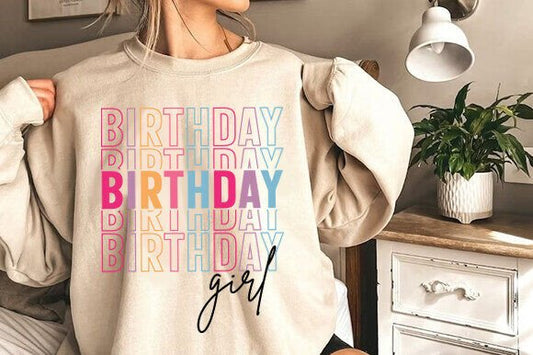Birthday girl sweatshirt in sand color with design in pastel stacked text
