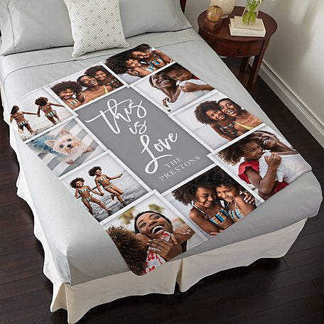 Personalized photo collage blanket with 'This is Love' text on a bed.