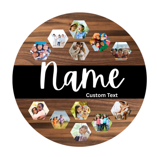 Custom Wood Round with 12 Hexagon photos and 3D Name Wood Cutout