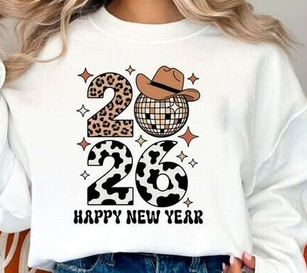 White sweatshirt with 'Happy New Year 2020' design featuring a cowboy hat and disco ball.