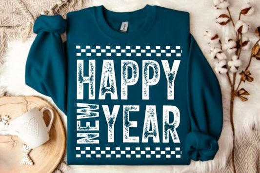 Teal sweatshirt with 'Happy New Year' text on a textured surface