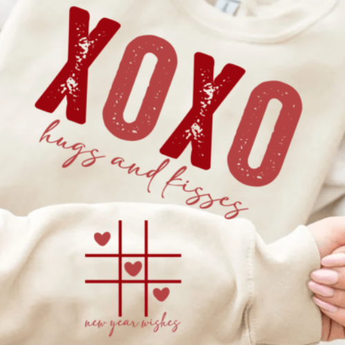 XOXO Hugs & Kisses Crewneck, Front and Sleeve